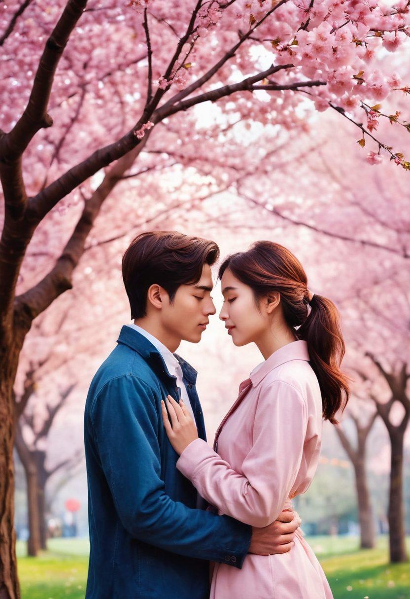 A vibrant scene of two young lovers sharing a secret, their eyes locked in an intimate gaze amidst a backdrop of a moonlit park filled with blooming cherry blossom trees. Soft whispers of spring breeze weave around them, enhancing the allure of their forbidden romance. The atmosphere is filled with a sense of excitement and passion, embodying youthful energy and tension. watercolor style. vivid colors. dreamy ambiance.