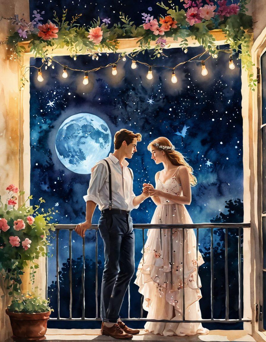 A whimsical scene depicting a young couple on a moonlit balcony, surrounded by blooming flowers and twinkling fairy lights. The backdrop shows a starry sky, evoking a sense of romance and mystery. Their expressions are filled with youthful excitement and curiosity, hinting at the themes of flirtation and deep connection. The mood should be enchanting and dreamy, inviting readers into their world of love. watercolor. vibrant colors. soft focus.