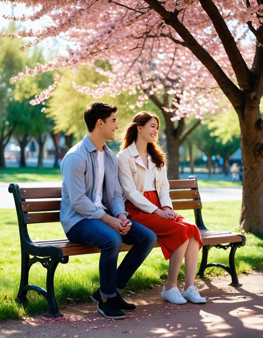A young couple sitting on a park bench under a blooming cherry blossom tree, exchanging shy glances and laughter, surrounded by petals drifting in the air. In the background, a hint of a shadowy figure symbolizes the challenges they face in their forbidden romance. Soft sunlight casts a warm glow over the scene, creating a dreamy atmosphere. vibrant colors. super-realistic.